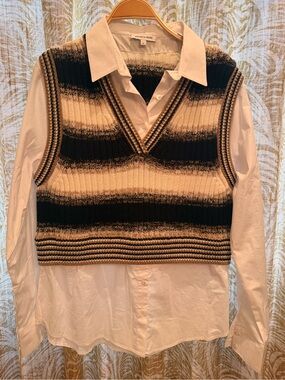 Veronica Beard Black and Cream Striped Knit V-Neck Sweater Vest